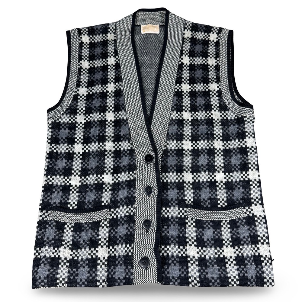 VTG Pendleton Wool Sweater Vest Size L 70s Black White Plaid Distressed Made USA